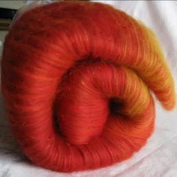 99% Merino Wool, 1% Angelina Fiber, �Sunset� drumcarded batt, spinning, felting, fiber

